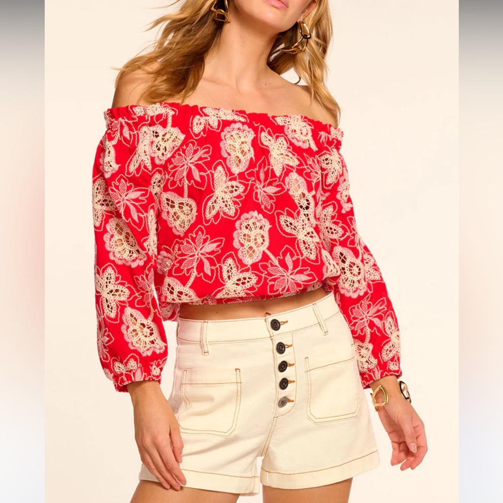 Ramy Brook Rosalia Red Floral Off-Shoulder Embroidered Lace Blouse